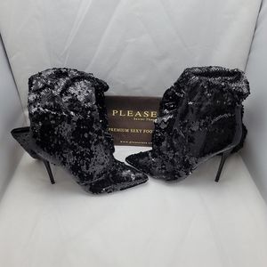 Pleaser Courtly Black Sequin Thigh High Boots
